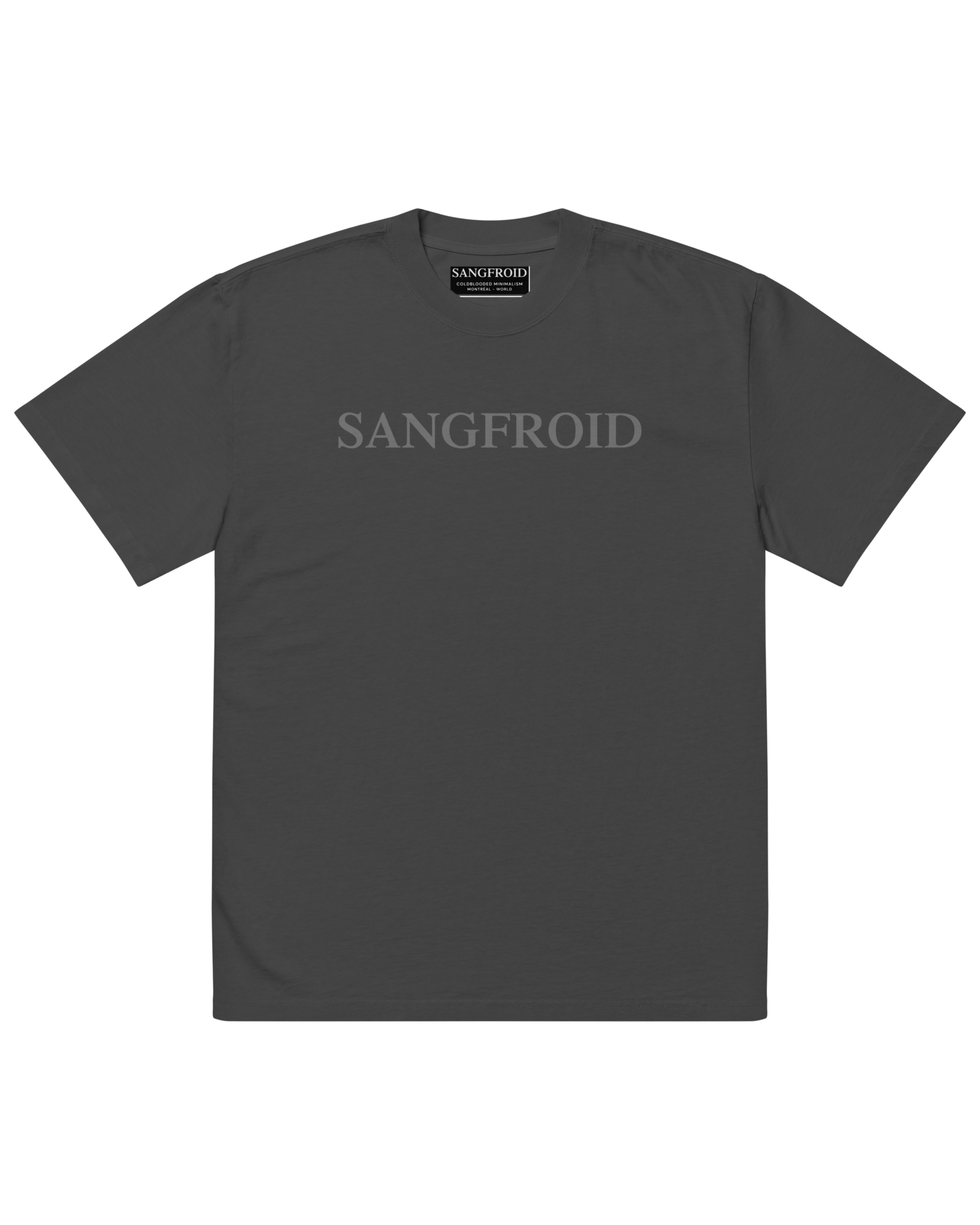 Dark gray t-shirt with 'SANGFROID' branding on a white background