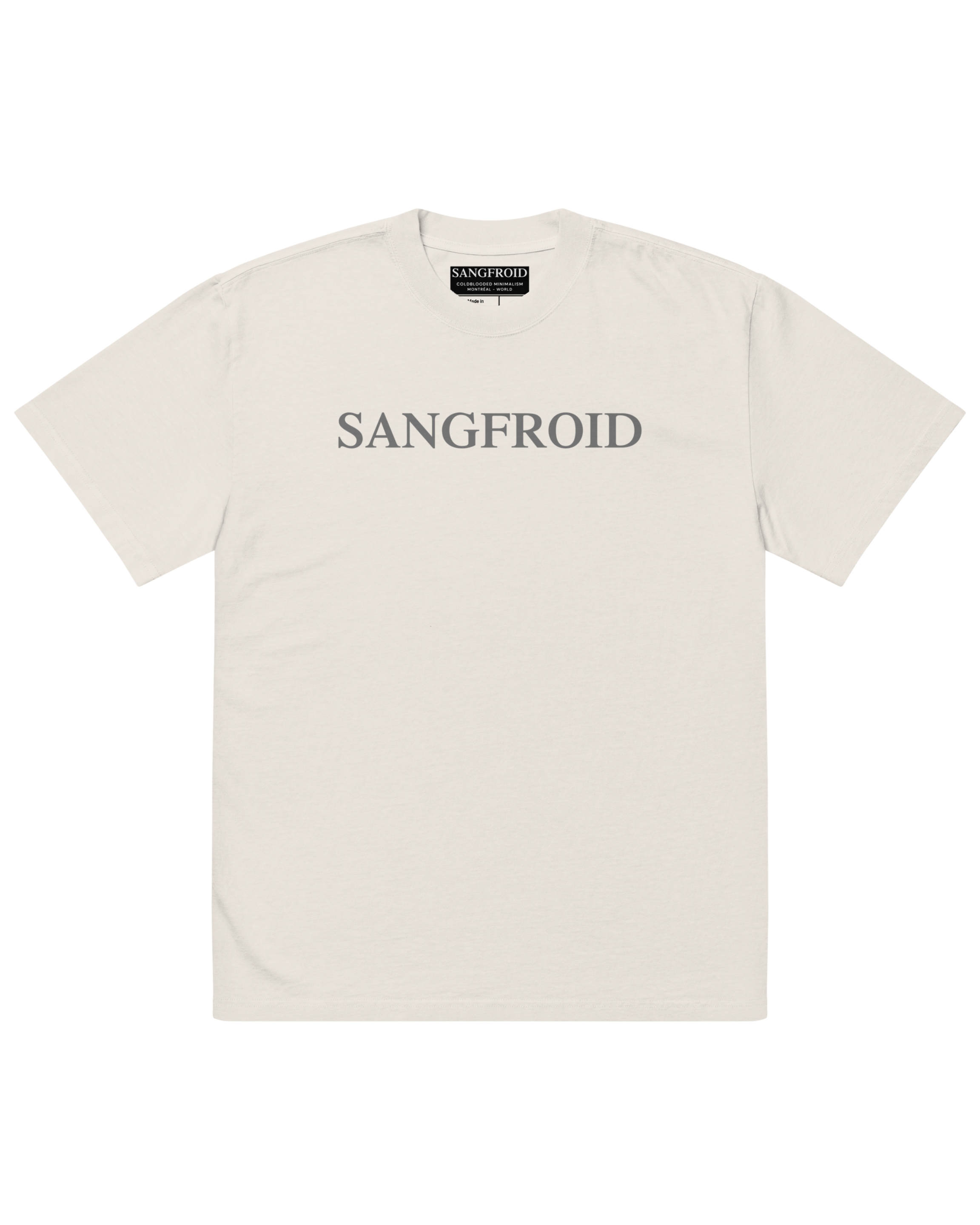 White t-shirt with 'SANGFROID' text on a white background