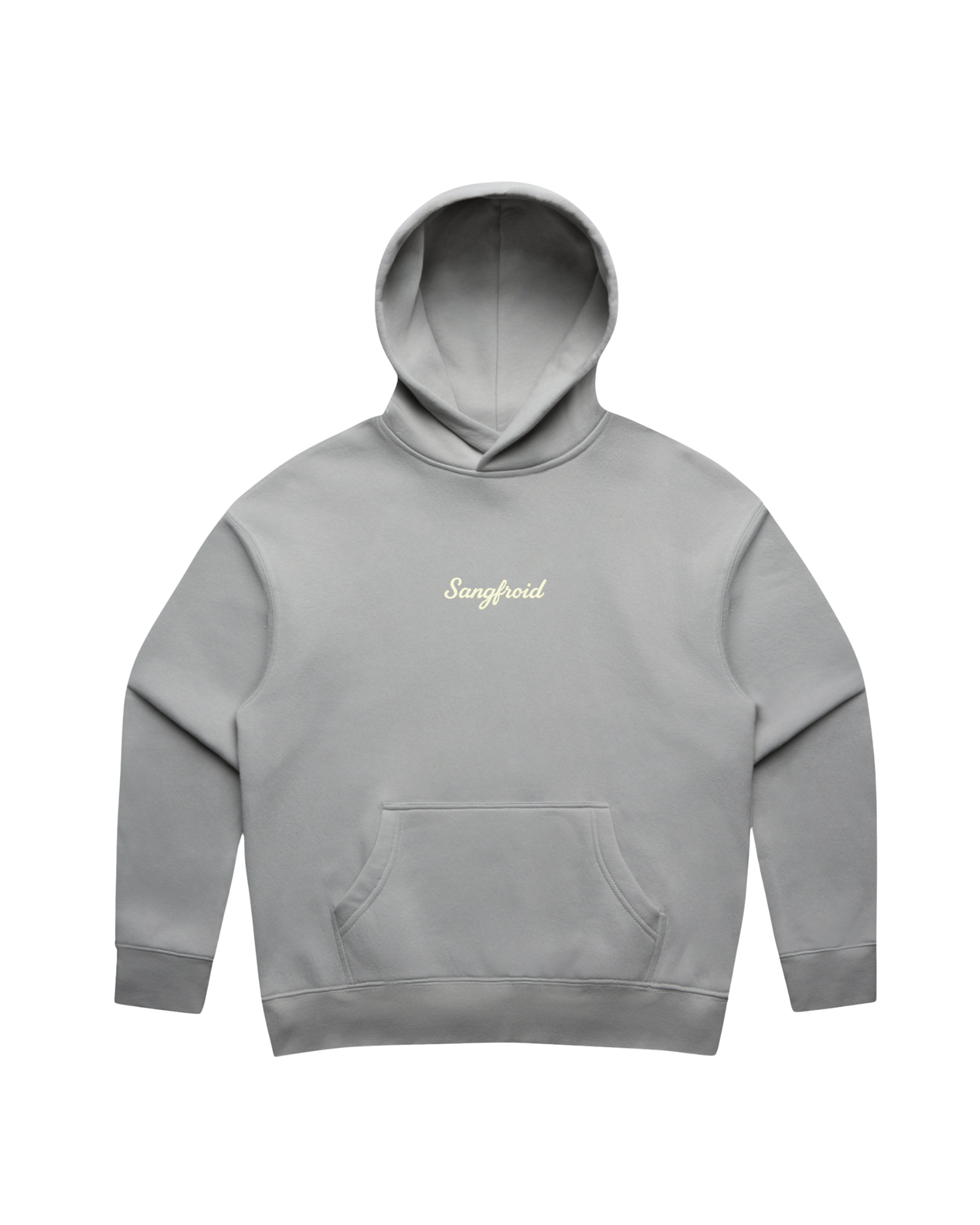 Grey hoodie with white 'Sangfroid' text embroidery on center-chest