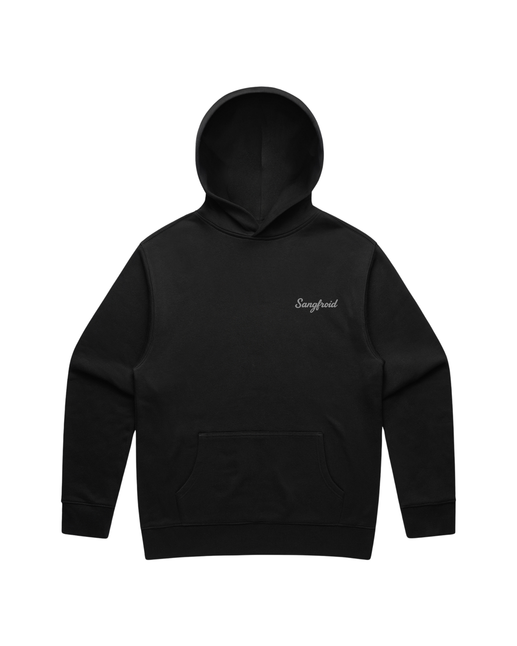 Black hoodie with a grey 'Sangfroid' brand logo on left-chest
