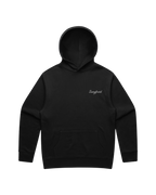 Black hoodie with a grey 'Sangfroid' brand logo on left-chest