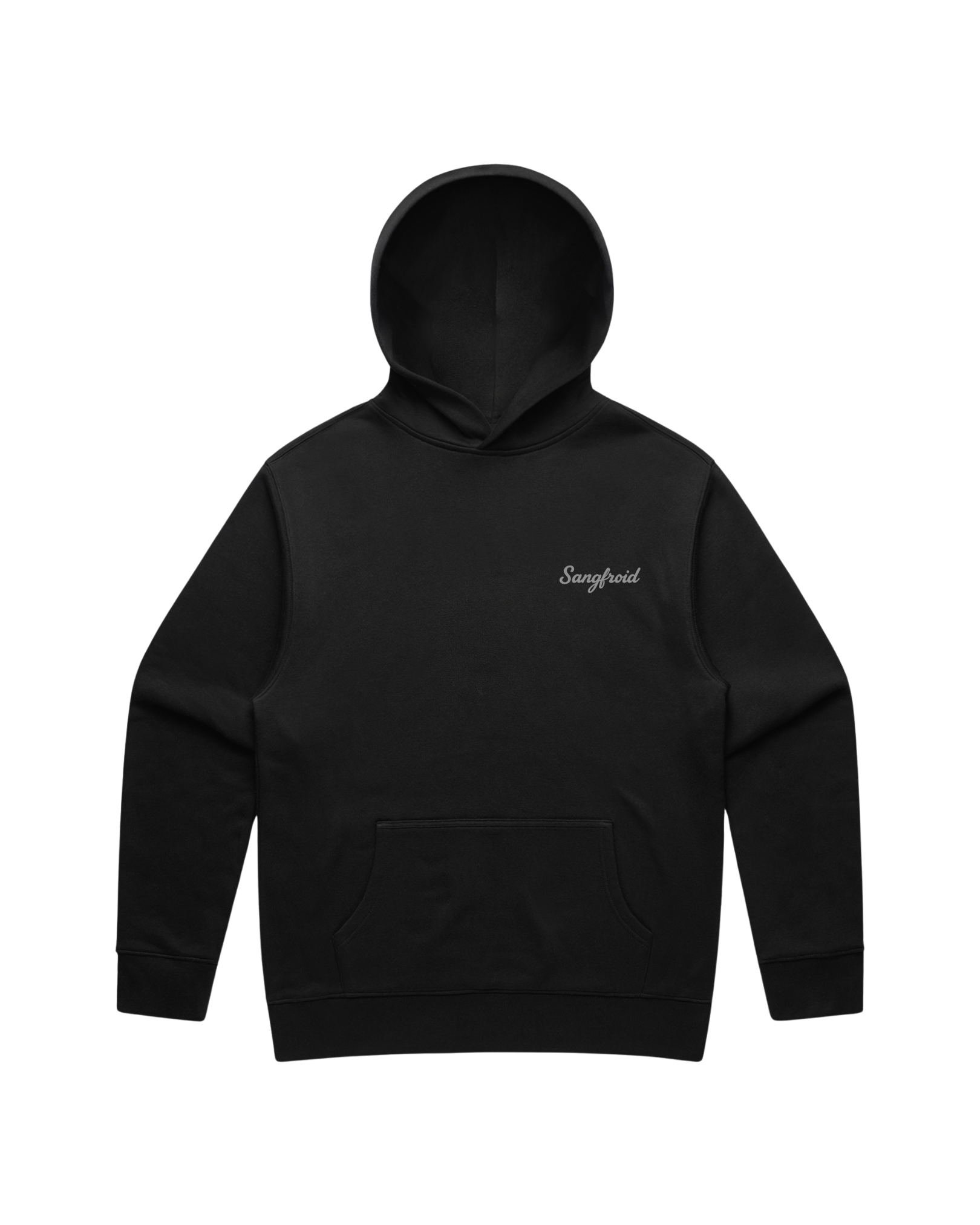 Black hoodie with a grey 'Sangfroid' brand logo on left-chest