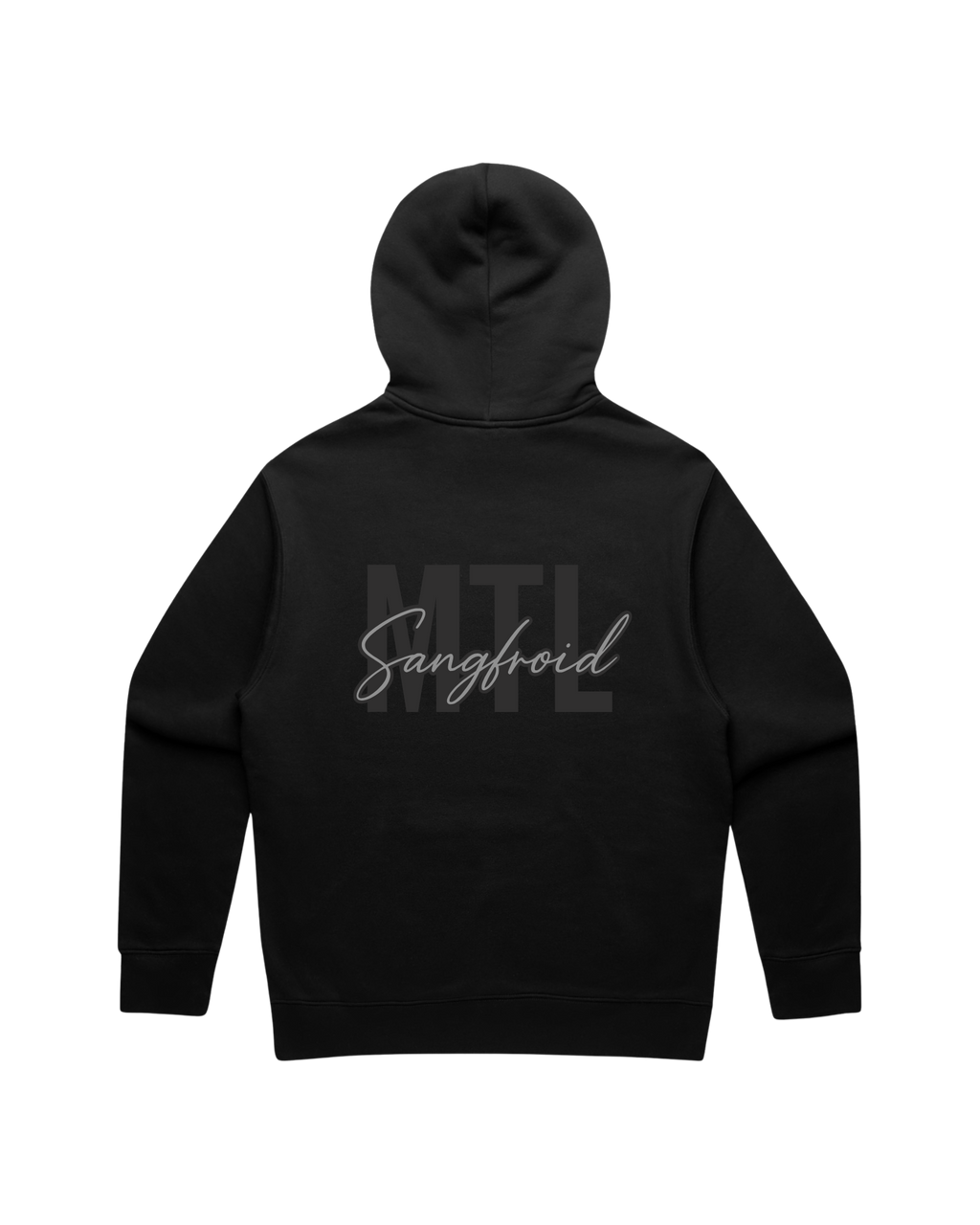 Faded Black hoodie with 'MTL Sangfroid' text on the back