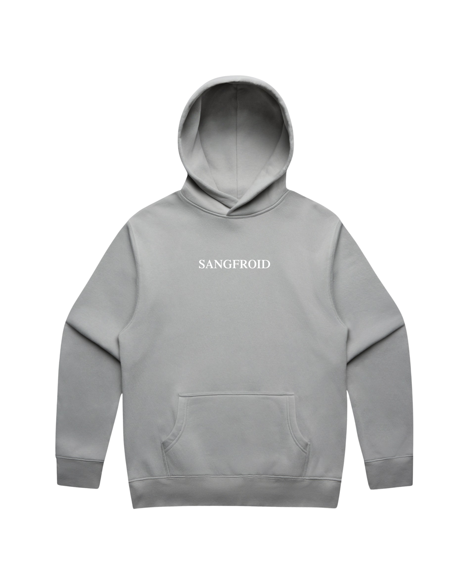 Grey hoodie with white 'SANGFROID' logo printed on center-chest