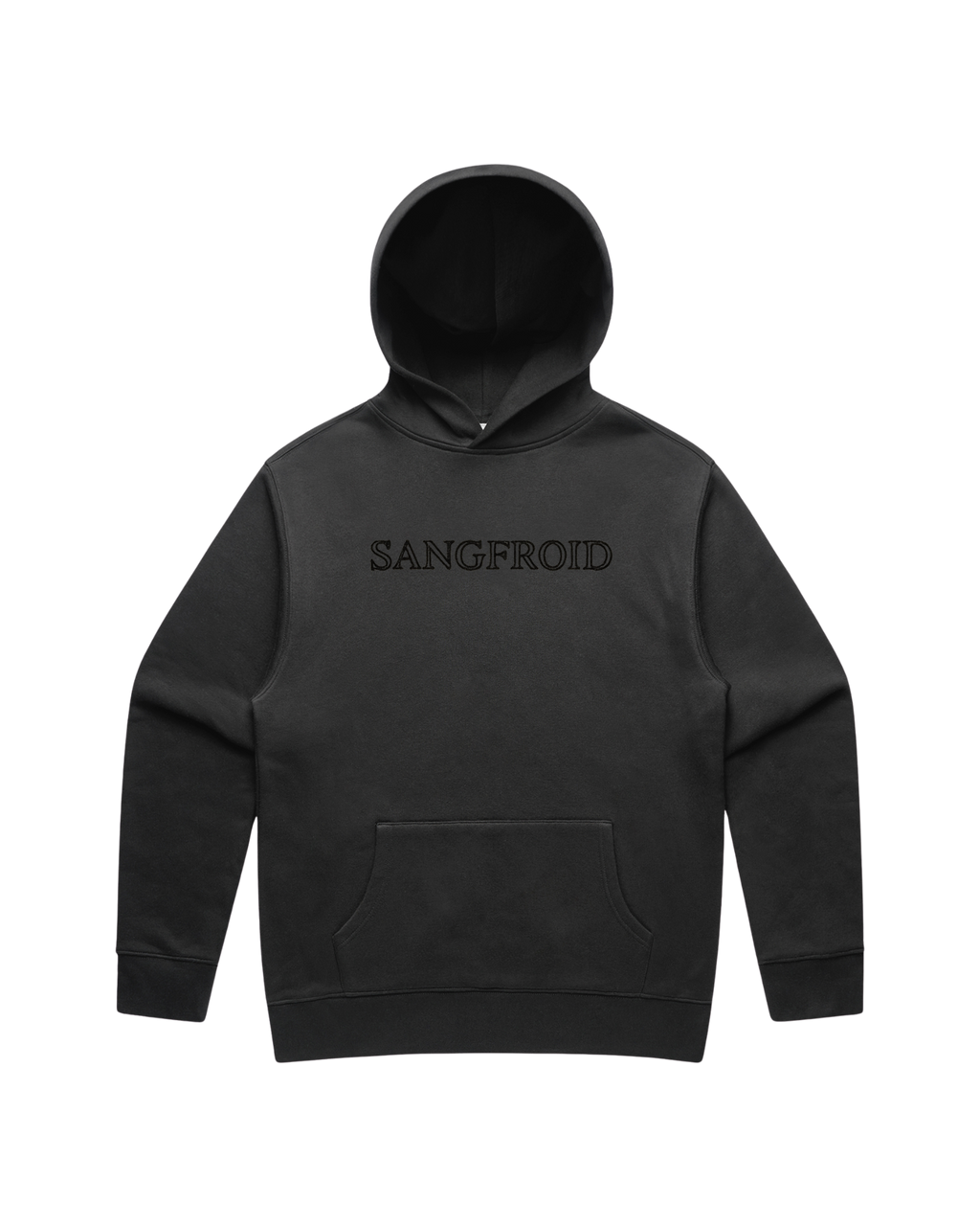 Faded Black hoodie with large black 'SANGFROID' text embroidered on center-chest.