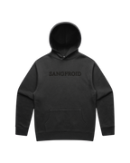Faded Black hoodie with large black 'SANGFROID' text embroidered on center-chest.