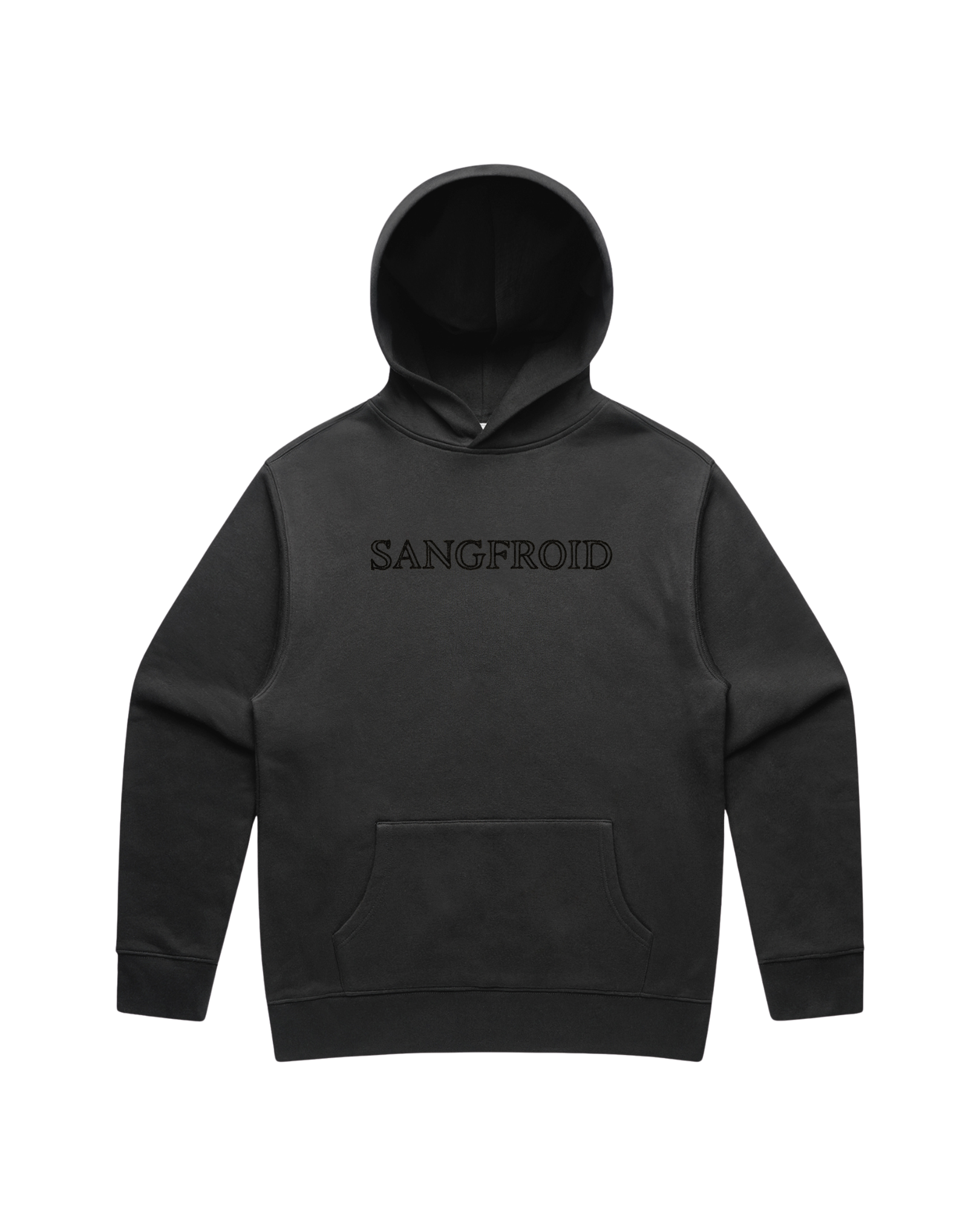 Faded Black hoodie with large black 'SANGFROID' text embroidered on center-chest.