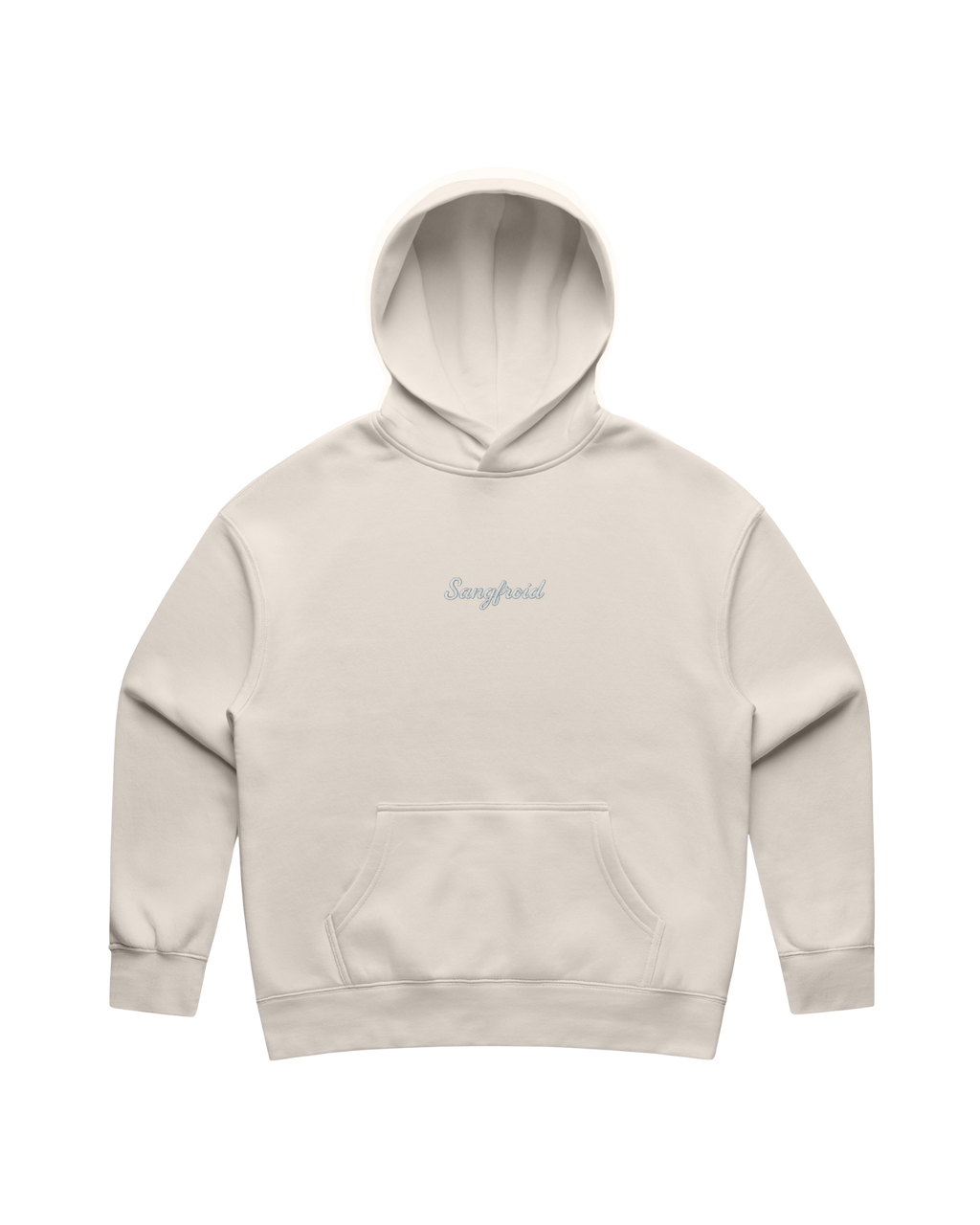 Beige hoodie with a grey 'Sangfroid' brand logo on center-chest.