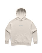Beige hoodie with a grey 'Sangfroid' brand logo on center-chest.