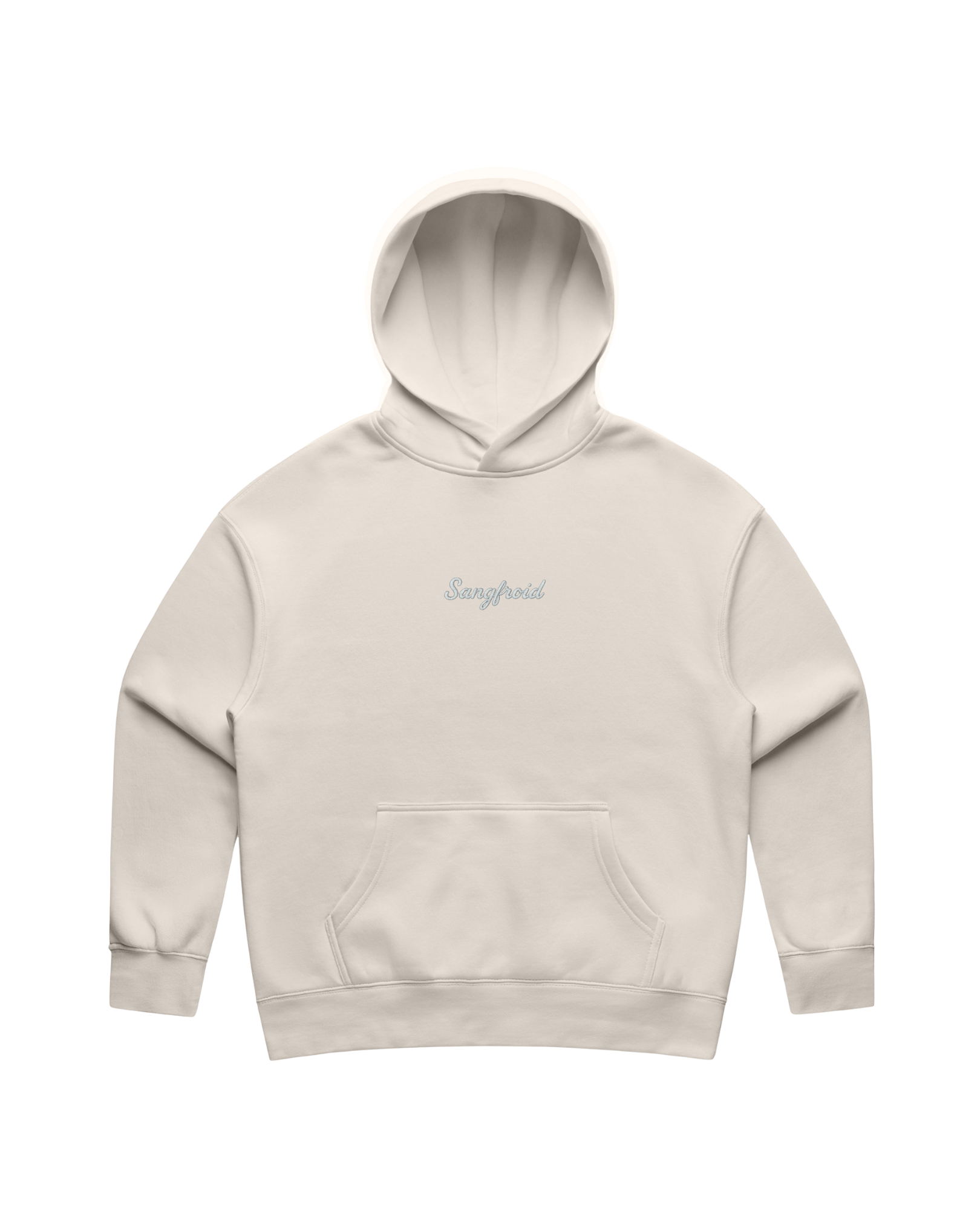 Beige hoodie with a grey 'Sangfroid' brand logo on center-chest.