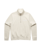 Beige half-zip sweatshirt with white 'Sangfroid' embroidery on left-chest. 