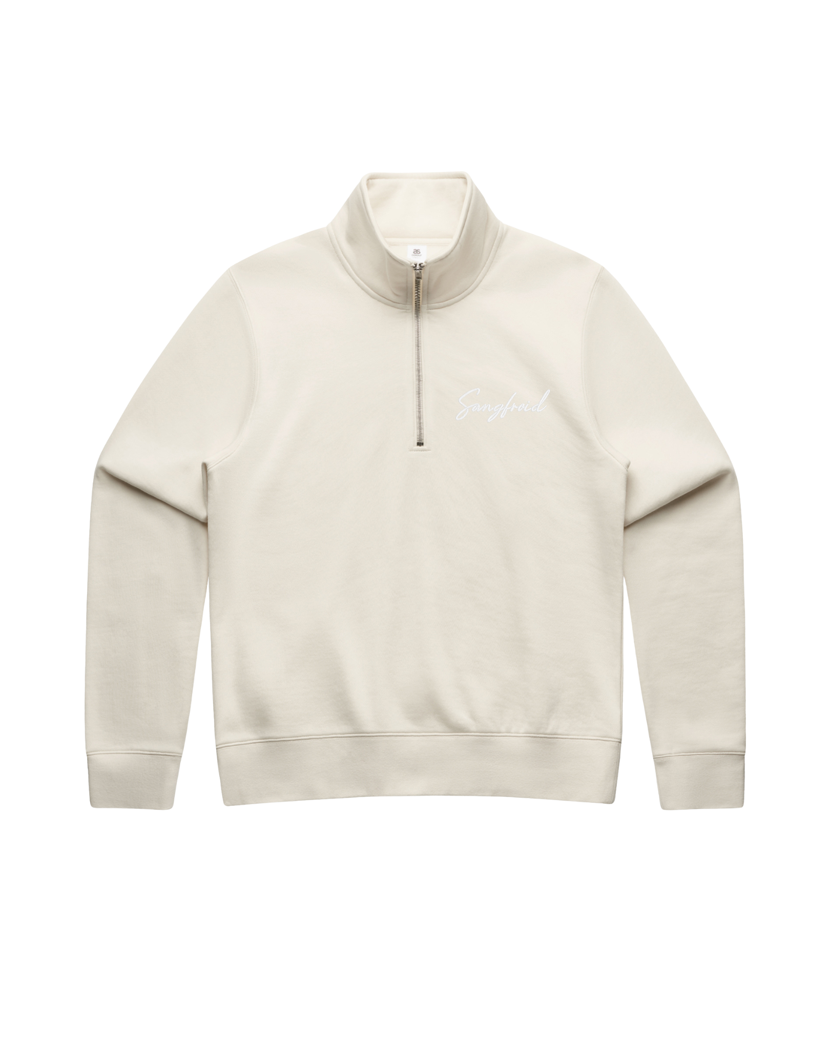 Beige half-zip sweatshirt with white 'Sangfroid' embroidery on left-chest. 