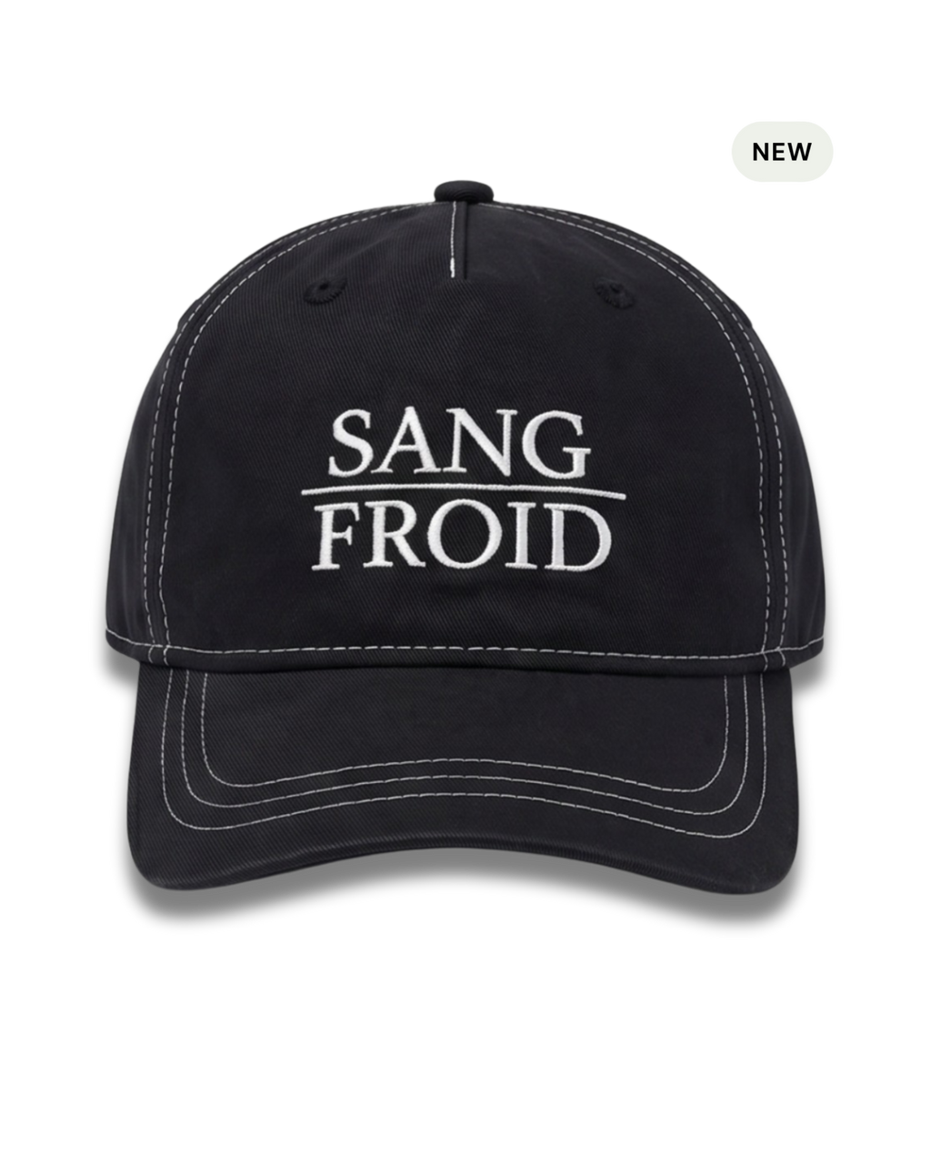A black baseball cap with white embroidered text reading 'SANG FROID' on the front, shown against a plain white background with a small 'NEW' badge in the top right corner.