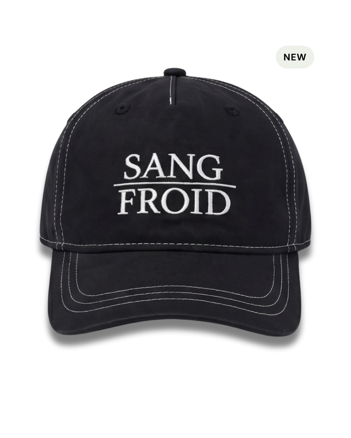 A black baseball cap with white embroidered text reading 'SANG FROID' on the front, shown against a plain white background with a small 'NEW' badge in the top right corner.