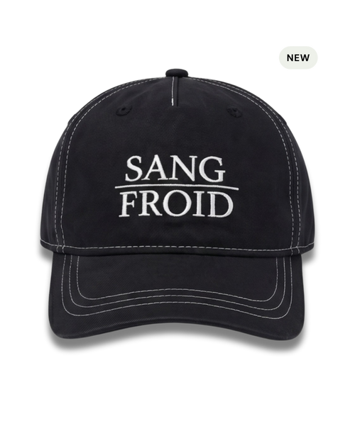 A black baseball cap with white embroidered text reading 'SANG FROID' on the front, shown against a plain white background with a small 'NEW' badge in the top right corner.