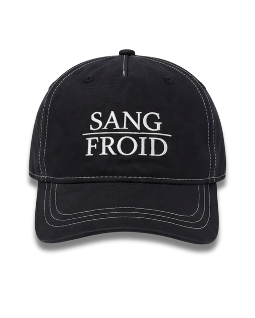 A black baseball cap with white contrast stitching and white embroidered text reading 'SANG FROID' on the front, shown against a plain white background.