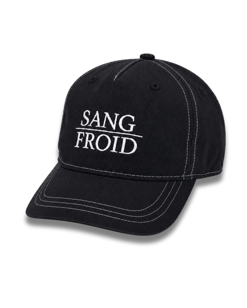 Black cap with 'SANG FROID' text on a white background