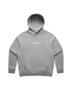 Grey hoodie with white 'Sangfroid' text embroidery on center-chest