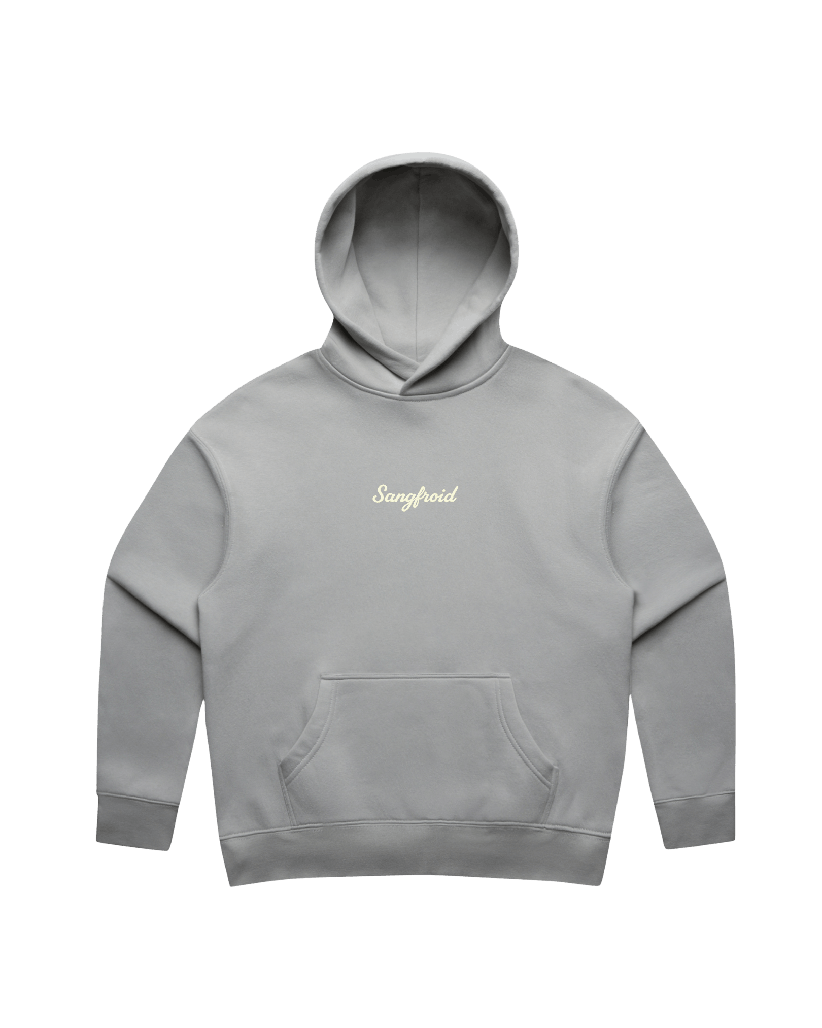 Grey hoodie with white 'Sangfroid' text embroidery on center-chest