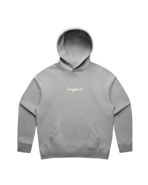 Grey hoodie with white 'Sangfroid' text embroidery on center-chest