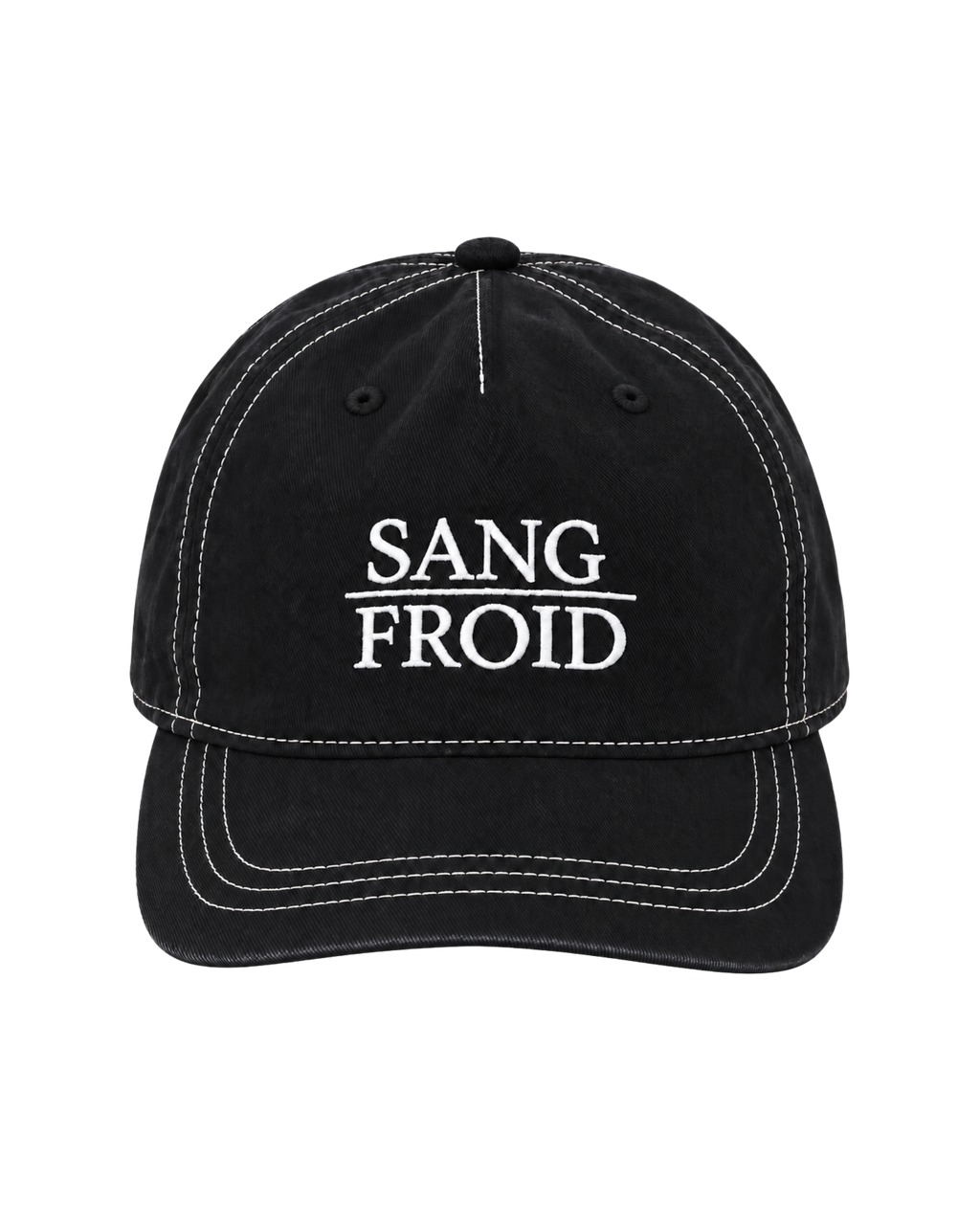A black baseball cap with white contrast stitching and white embroidered text reading 'SANG FROID' on the front, shown against a plain white background.