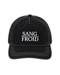 A black baseball cap with white contrast stitching and white embroidered text reading 'SANG FROID' on the front, shown against a plain white background.