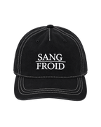 A black baseball cap with white contrast stitching and white embroidered text reading 'SANG FROID' on the front, shown against a plain white background.