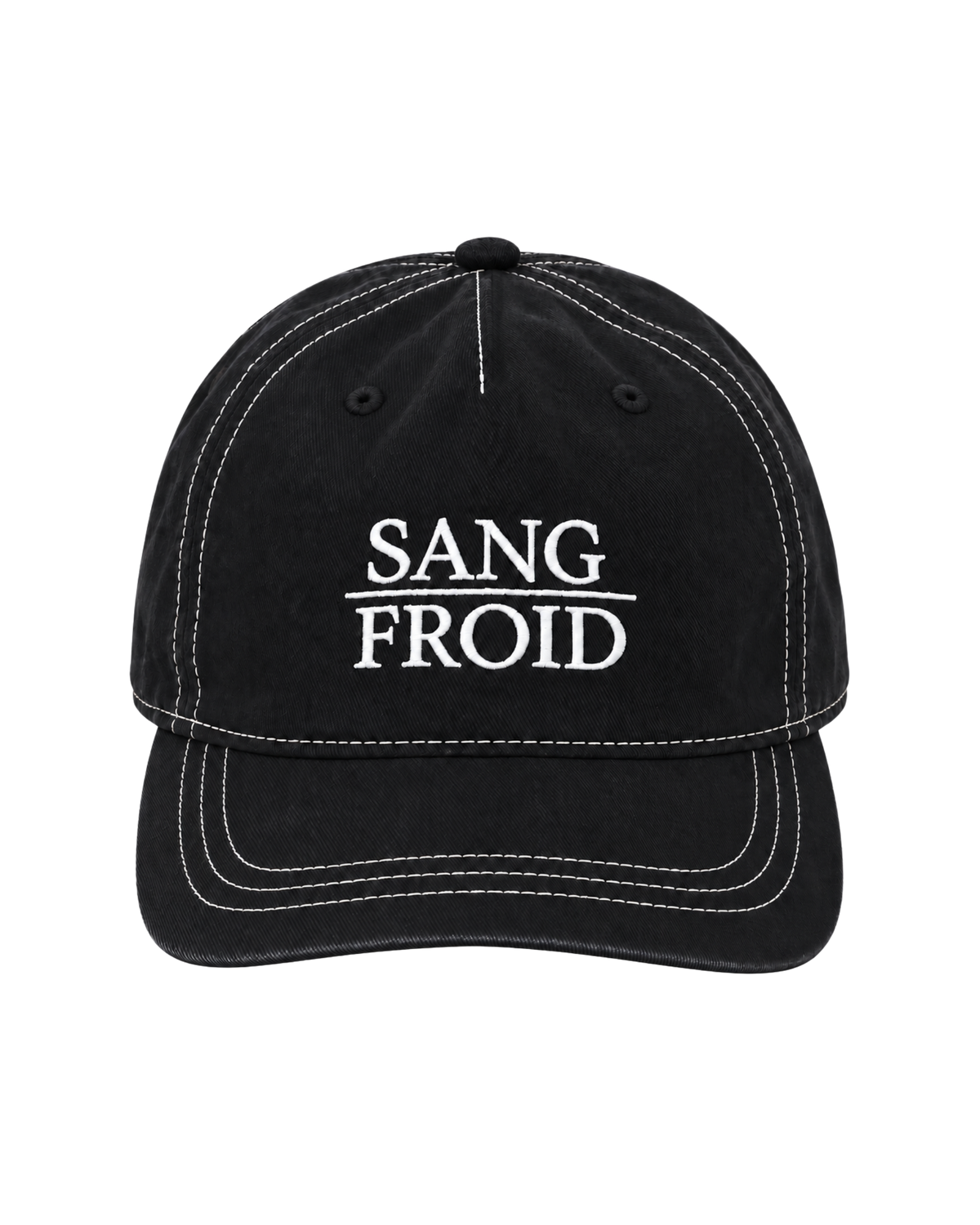 A black baseball cap with white contrast stitching and white embroidered text reading 'SANG FROID' on the front, shown against a plain white background.