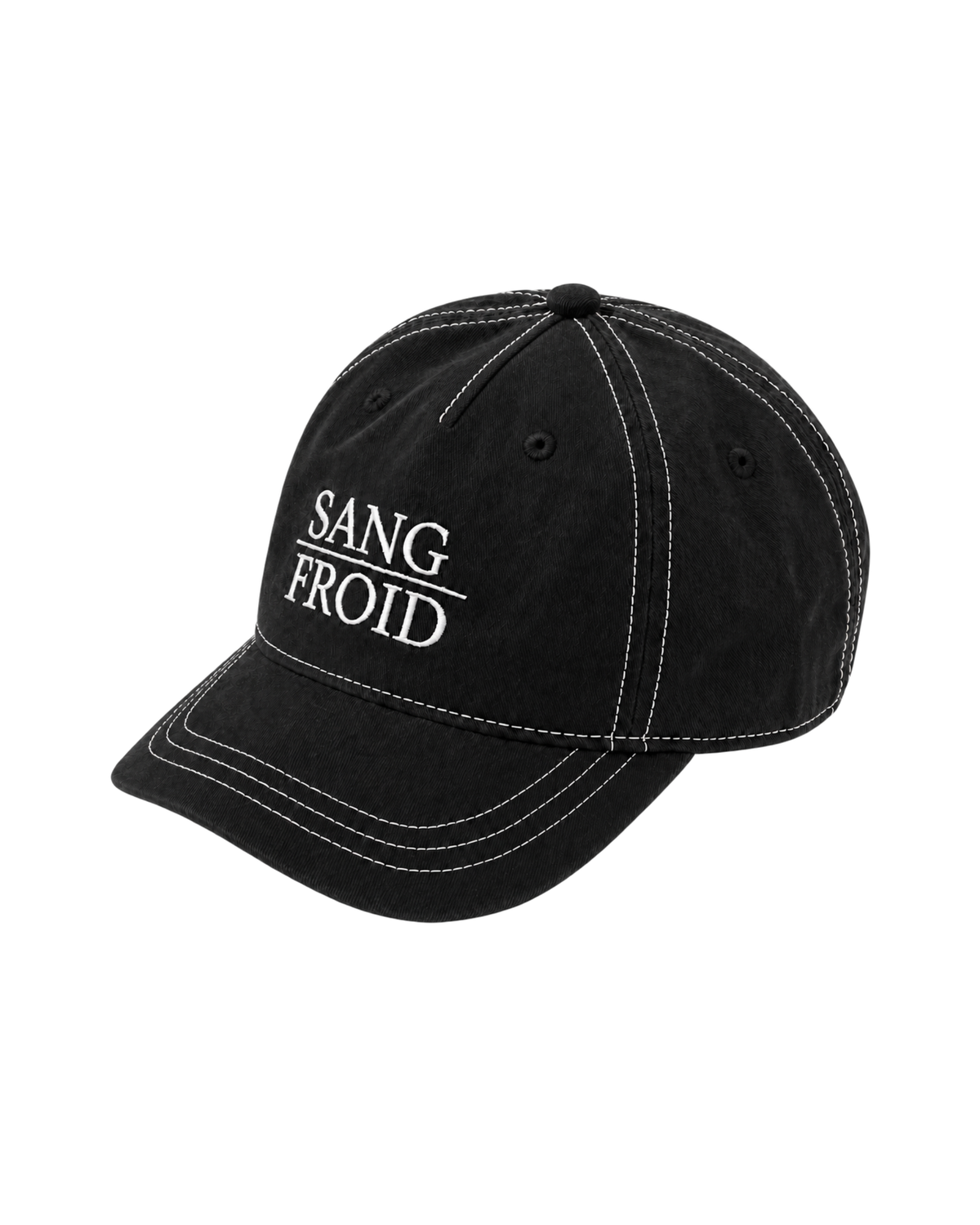 A black cotton baseball cap with white contrast stitching and white embroidered text reading 'SANG FROID' on the front, shown against a plain white background.