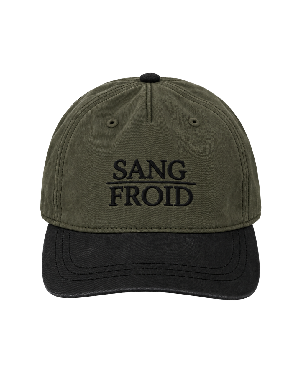 An olive green and black baseball cap with 'SANG FROID' embroidered in black on the front, set against a plain white background.