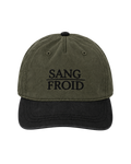 An olive green and black baseball cap with 'SANG FROID' embroidered in black on the front, set against a plain white background.