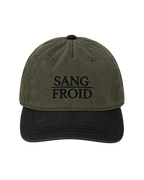 An olive green and black baseball cap with 'SANG FROID' embroidered in black on the front, set against a plain white background.