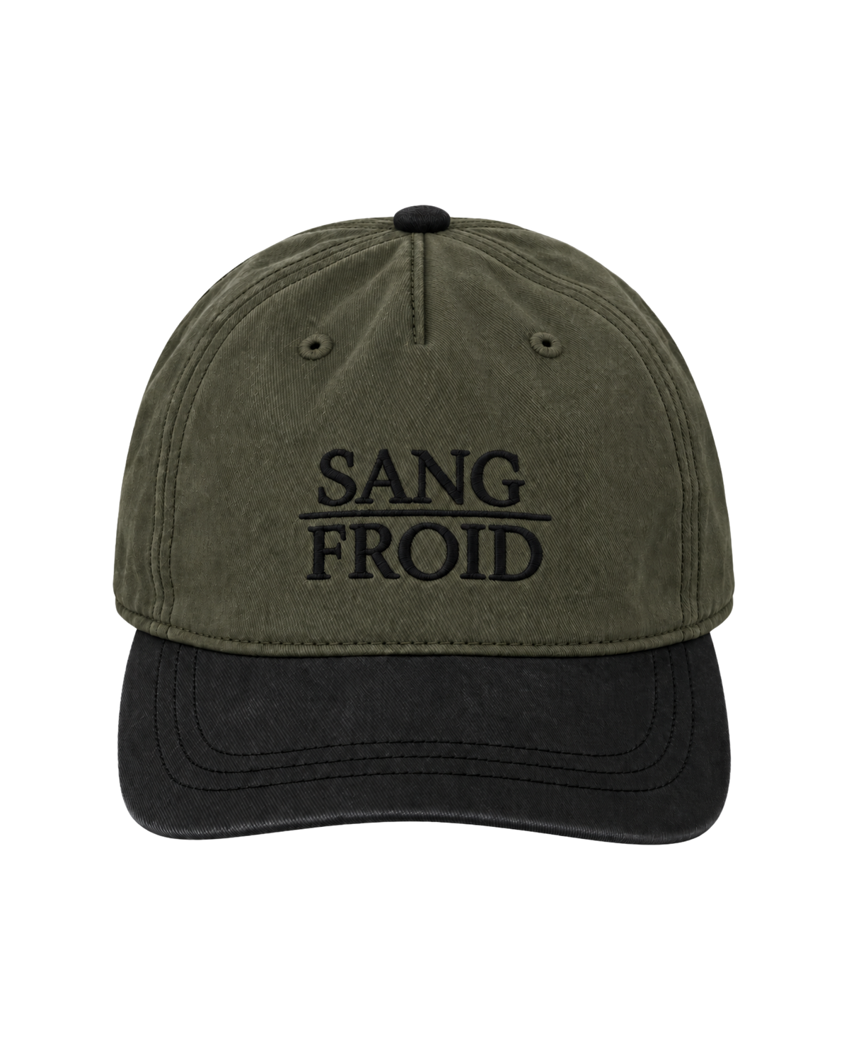 An olive green and black baseball cap with 'SANG FROID' embroidered in black on the front, set against a plain white background.
