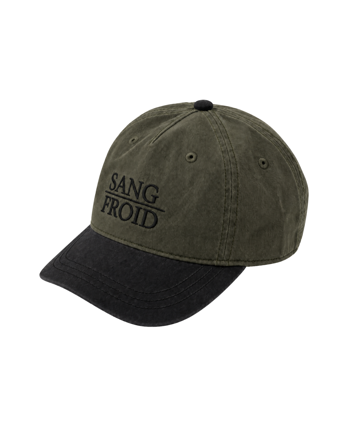 A two-tone baseball cap with an olive green washed fabric crown and a black curved brim. The front of the cap features the embroidered text 'SANG FROID' in black.