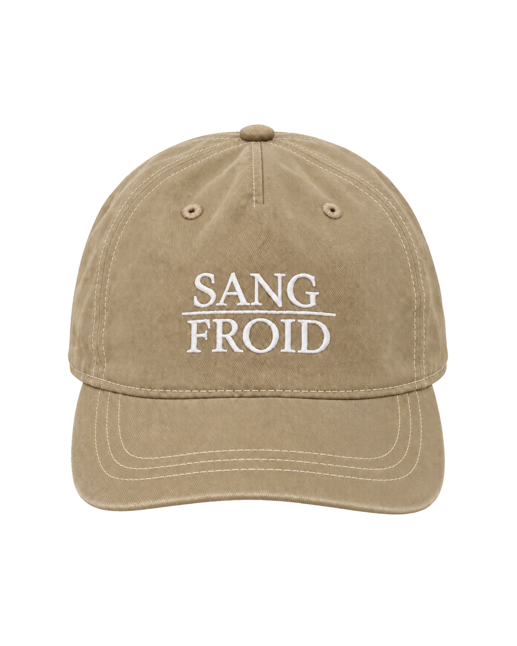 A beige washed cotton baseball cap with white embroidered text reading 'SANG FROID' on the front, shown against a plain white background.