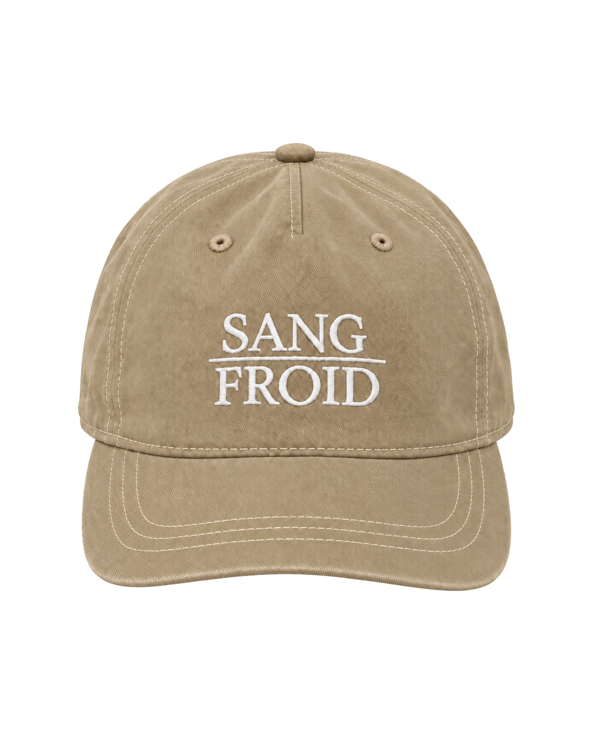 A beige washed cotton baseball cap with white embroidered text reading 'SANG FROID' on the front, shown against a plain white background.
