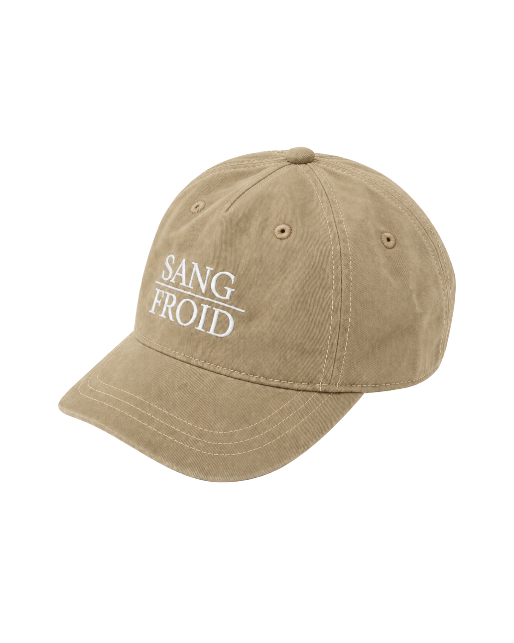 A beige washed cotton baseball cap with white contrast stitching and white embroidered text reading 'SANG FROID' on the front, shown against a plain white background.