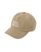 A beige washed cotton baseball cap with white contrast stitching and white embroidered text reading 'SANG FROID' on the front, shown against a plain white background.