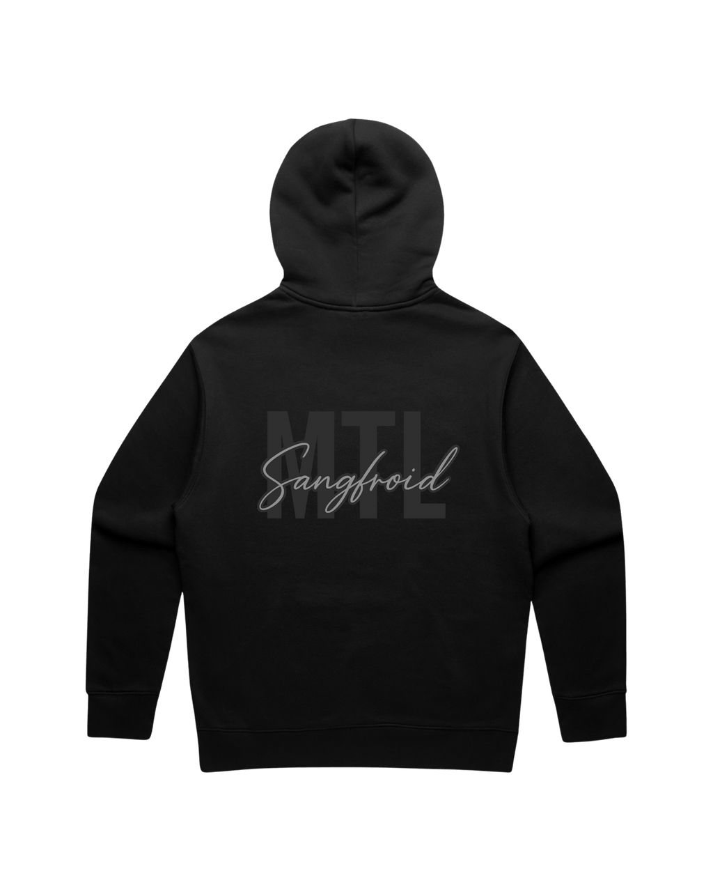 Faded Black hoodie with 'MTL Sangfroid' text on the back