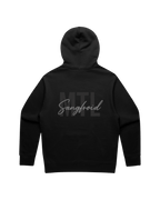 Faded Black hoodie with 'MTL Sangfroid' text on the back