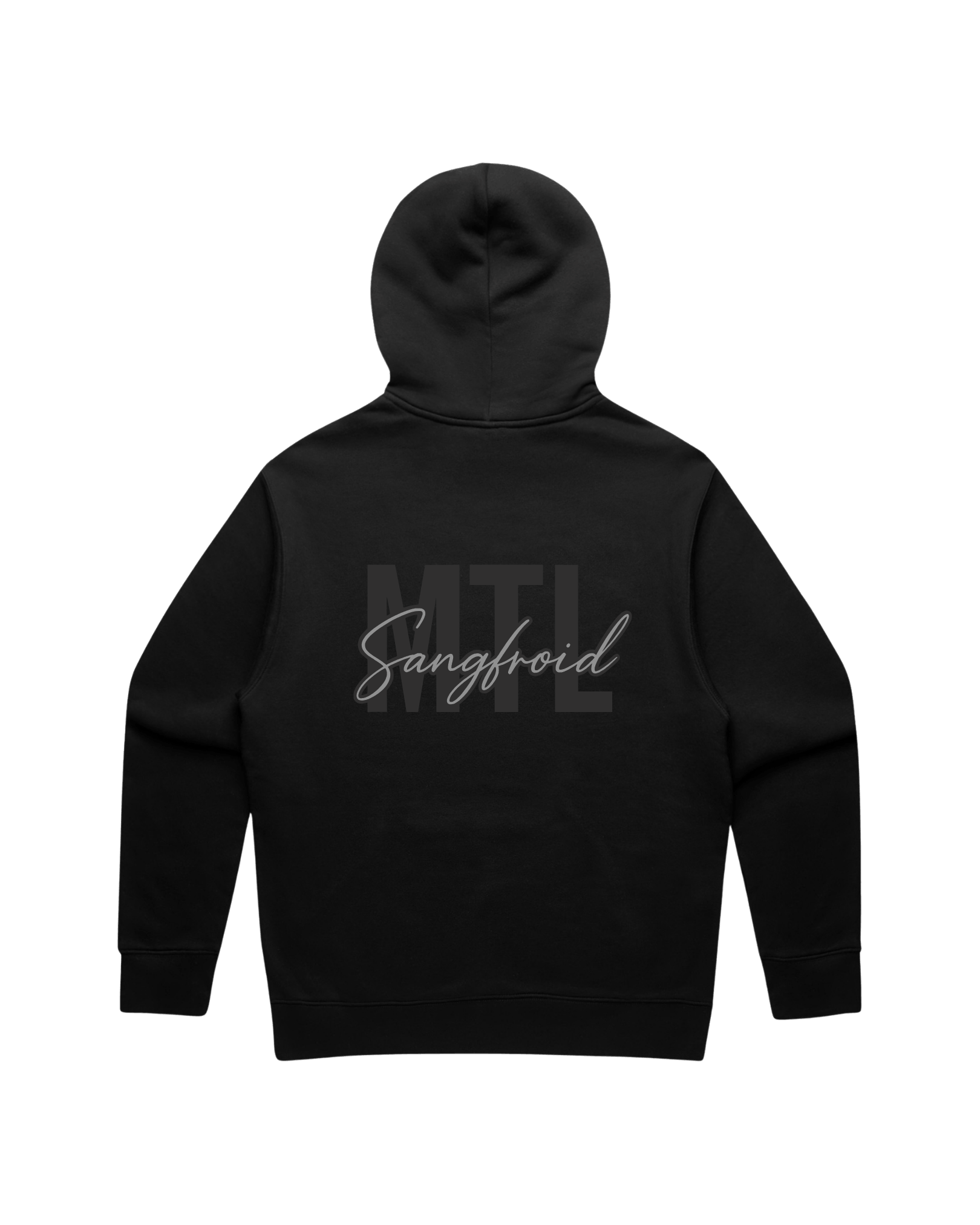 Faded Black hoodie with 'MTL Sangfroid' text on the back
