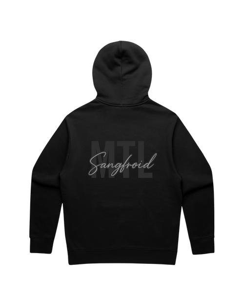 Faded Black hoodie with 'MTL Sangfroid' text on the back