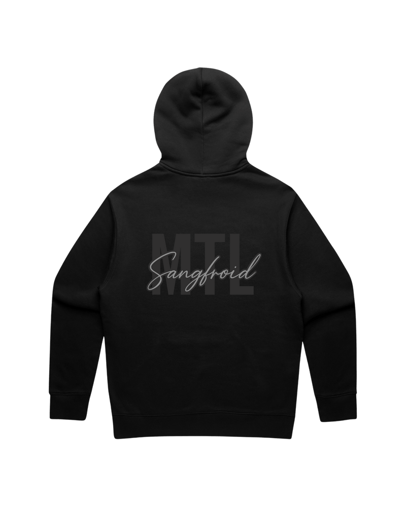 Faded Black hoodie with 'MTL Sangfroid' text on the back