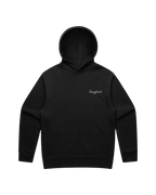 Black hoodie with a grey 'Sangfroid' brand logo on left-chest