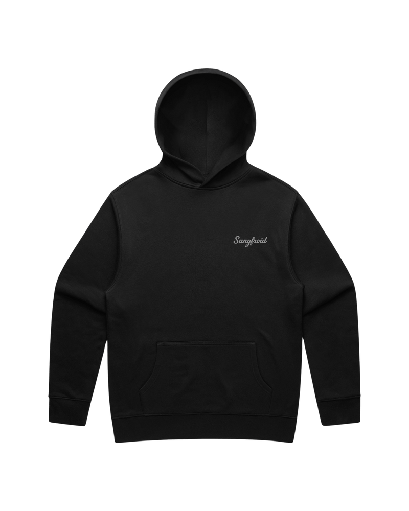 Black hoodie with a grey 'Sangfroid' brand logo on left-chest