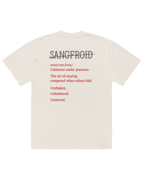 White t-shirt with black and red text on a white background