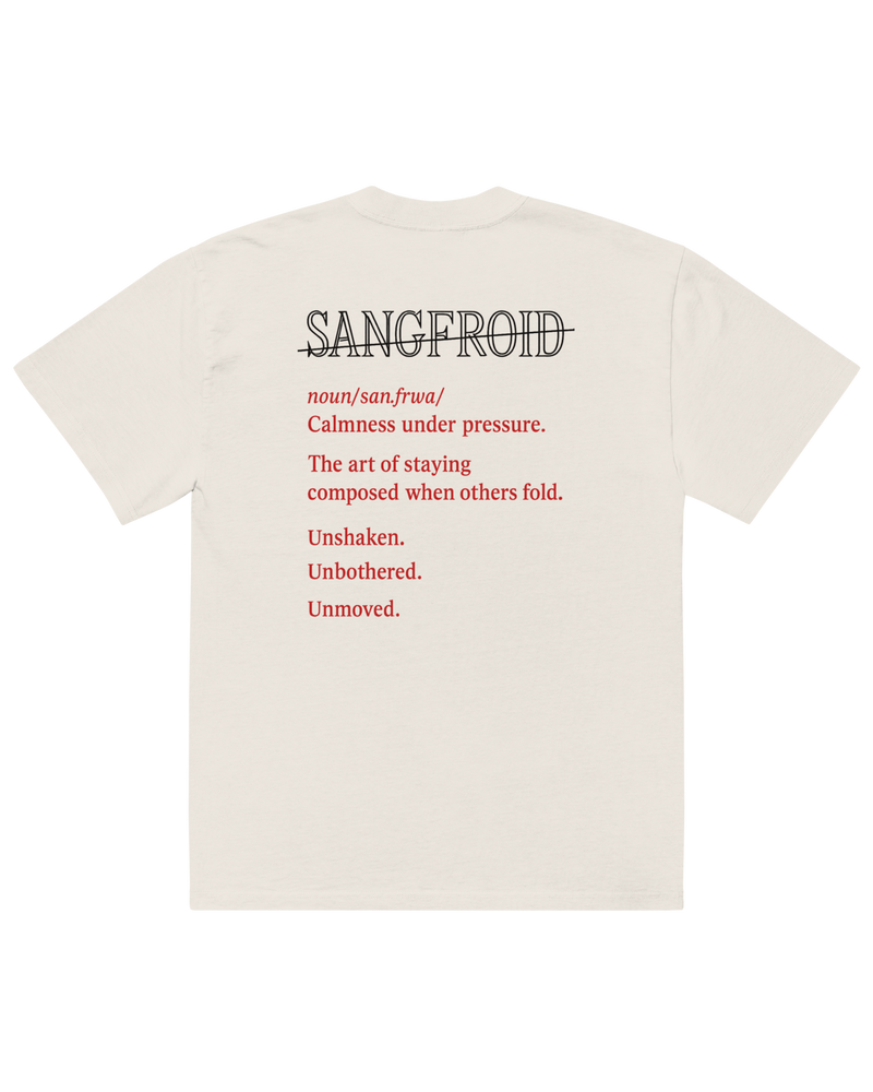 White t-shirt with black and red text on a white background