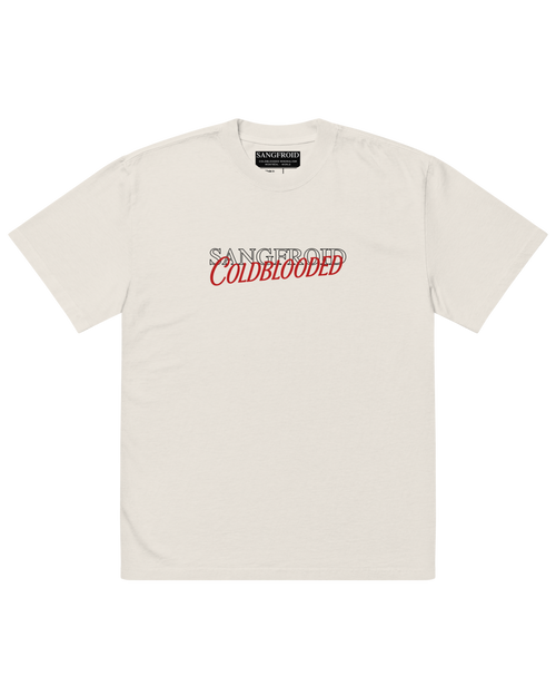 White t-shirt with 'SANGFROID COLDBLOODED' text on a white background