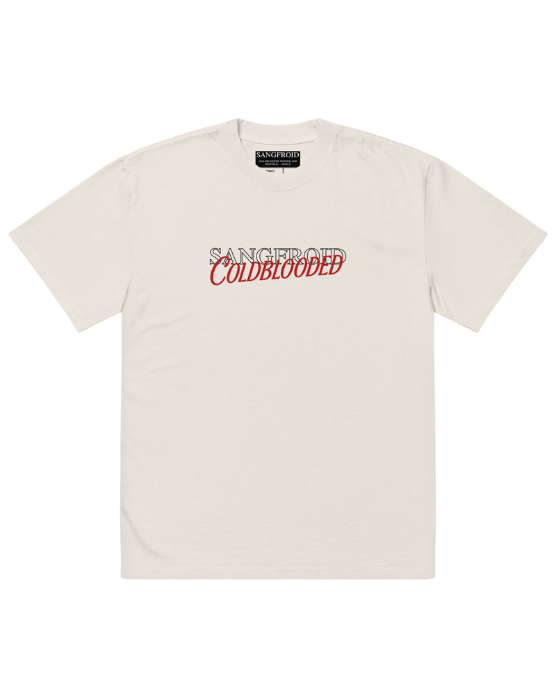 White t-shirt with 'SANGFROID COLDBLOODED' text on a white background