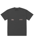 Black t-shirt with text and branding on a white background